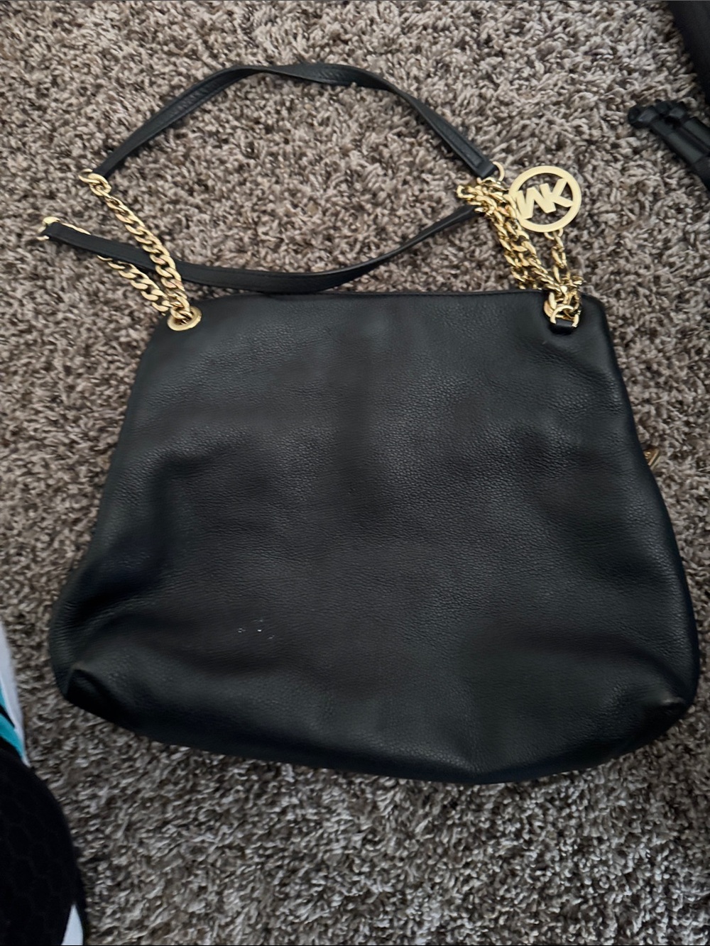 Michael Kors Black Leather Shoulder Bag with Gold Chain Trim